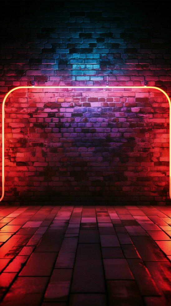 Nostalgic ambiance Neon square frames a vintage brick wall billboard Vertical Mobile Wallpaper AI Generated photo