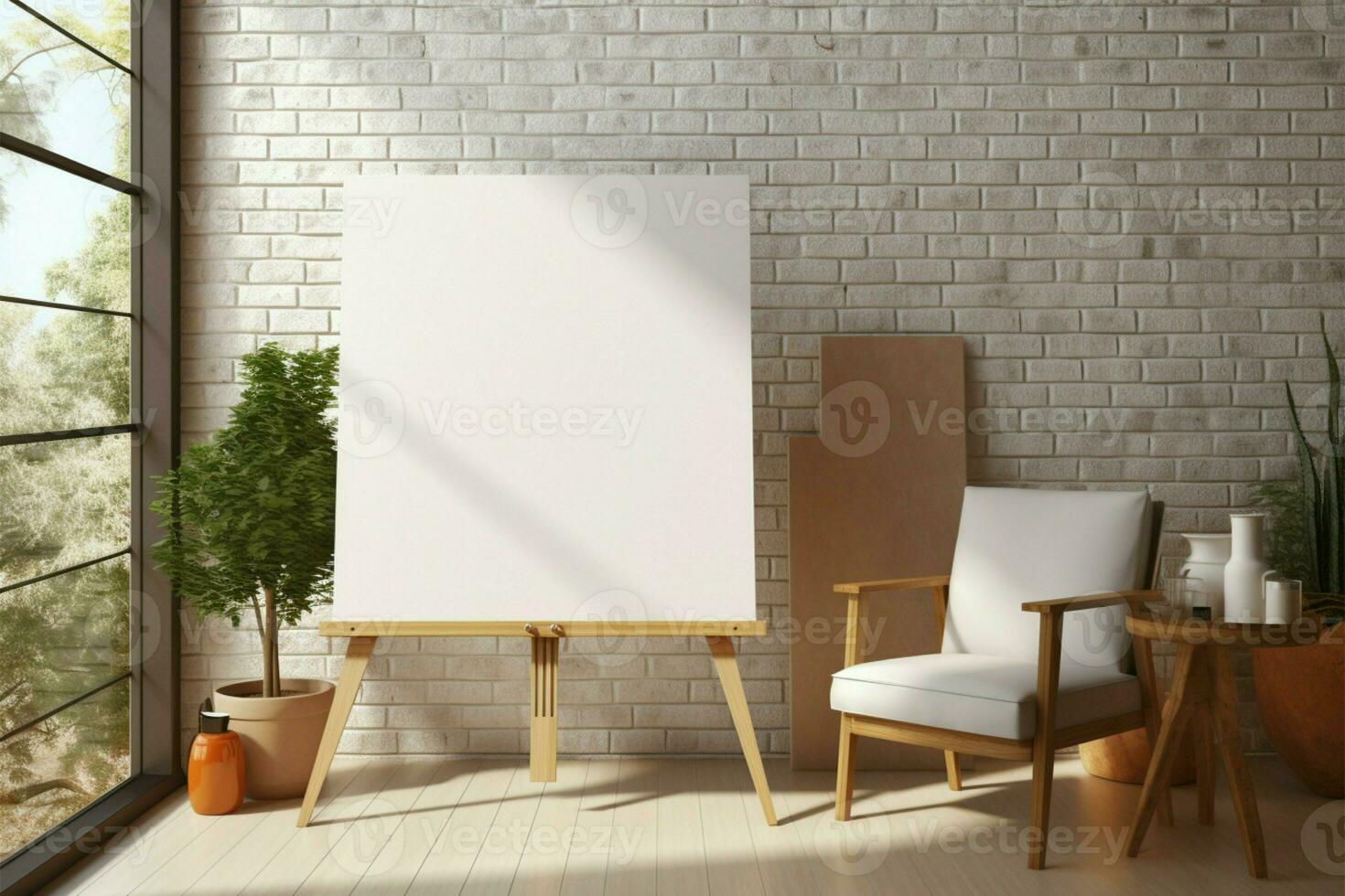 3D rendering of a room with an easel and canvas space AI Generated photo