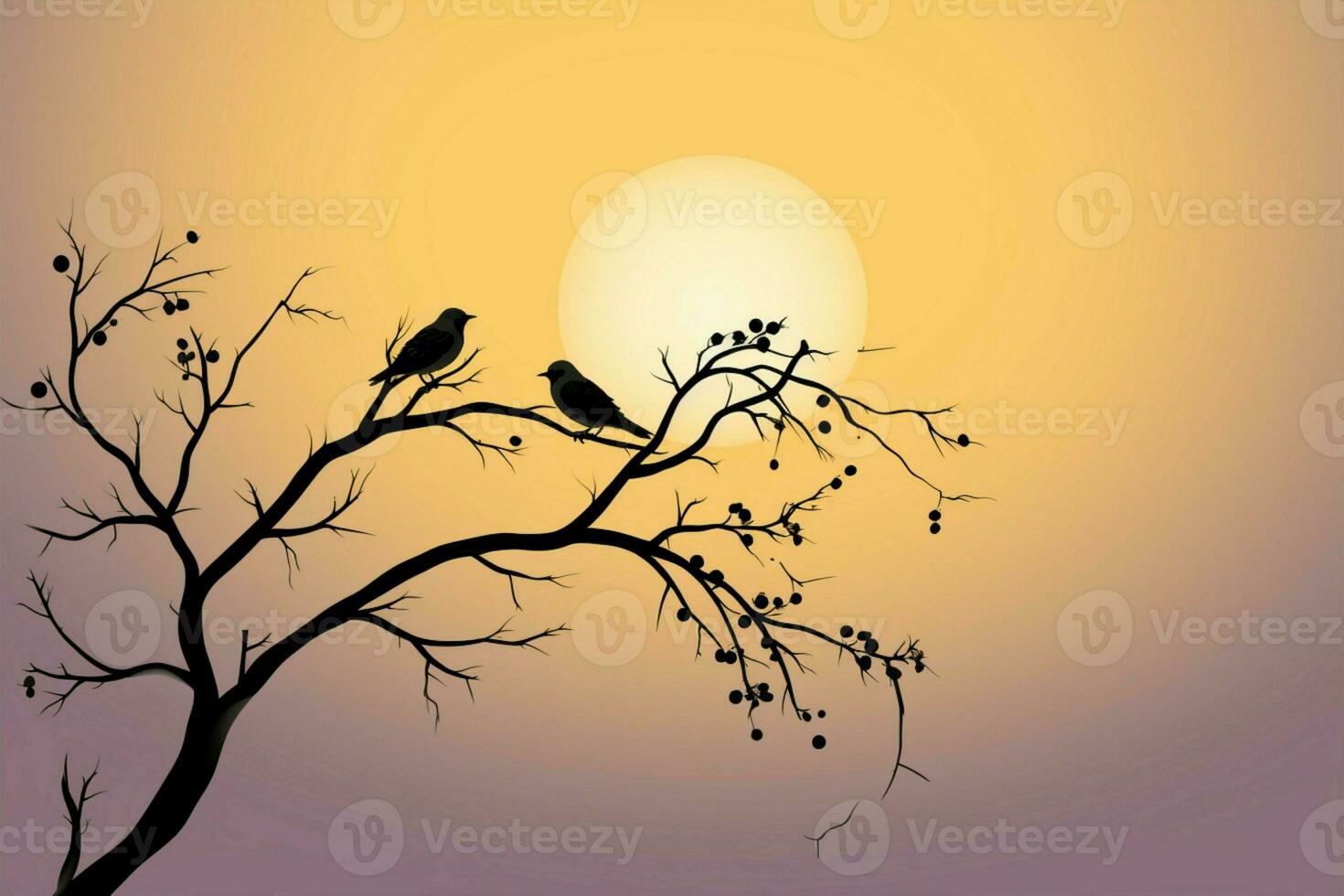 A tree branch cradles affectionate birds in beautiful silhouette AI Generated photo