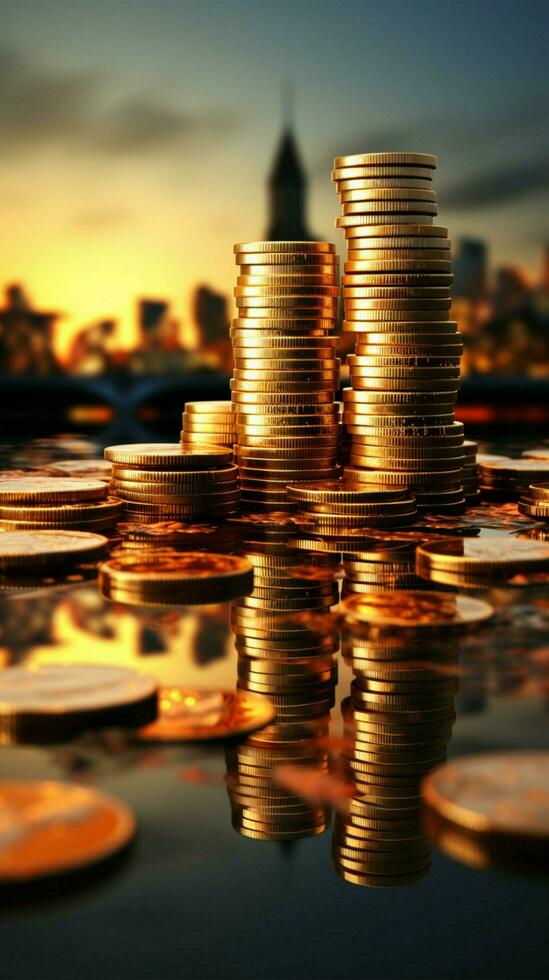 Coin stacks tower like skyscrapers, reflecting sunrise on financial prosperity Vertical Mobile Wallpaper AI Generated photo