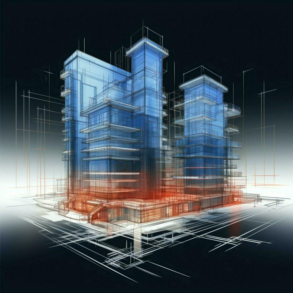 Architectural concept 3D wireframe skyscraper sketch, dynamic and modern, vector illustration For Social Media Post Size AI Generated photo