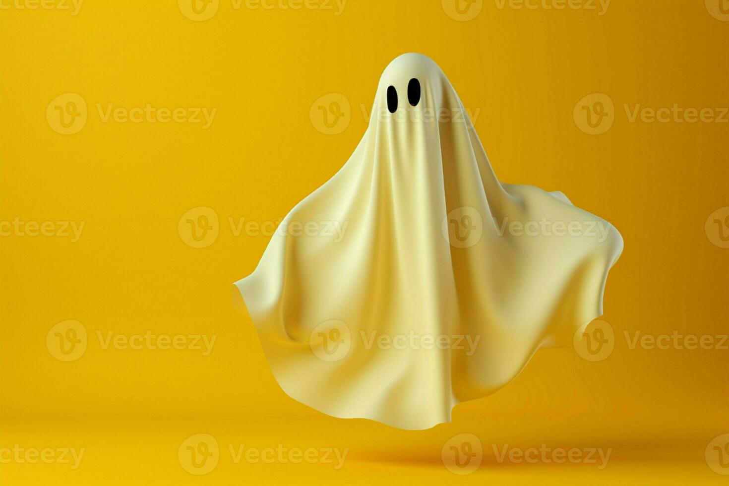 Minimal Halloween spook ghost sheet soars against yellow background AI Generated photo