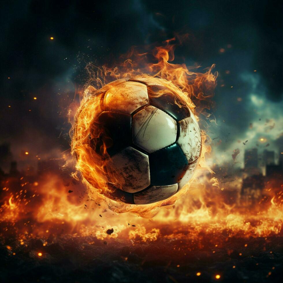 Dynamic ignition, Powerful kick sends soccer ball ablaze in stadium For Social Media Post Size AI Generated photo