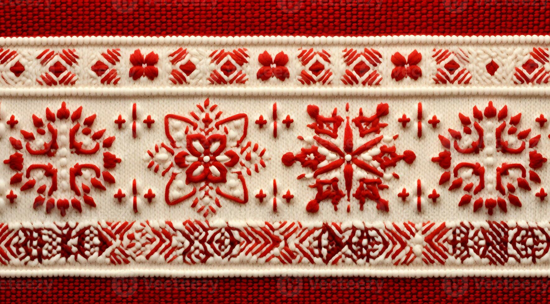 Embroidery snow red and white on a red background AI Generated photo