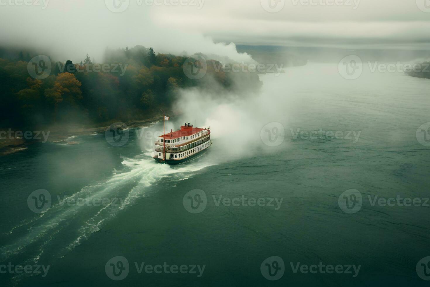 Aerial view of a steamboat on river AI Generated photo