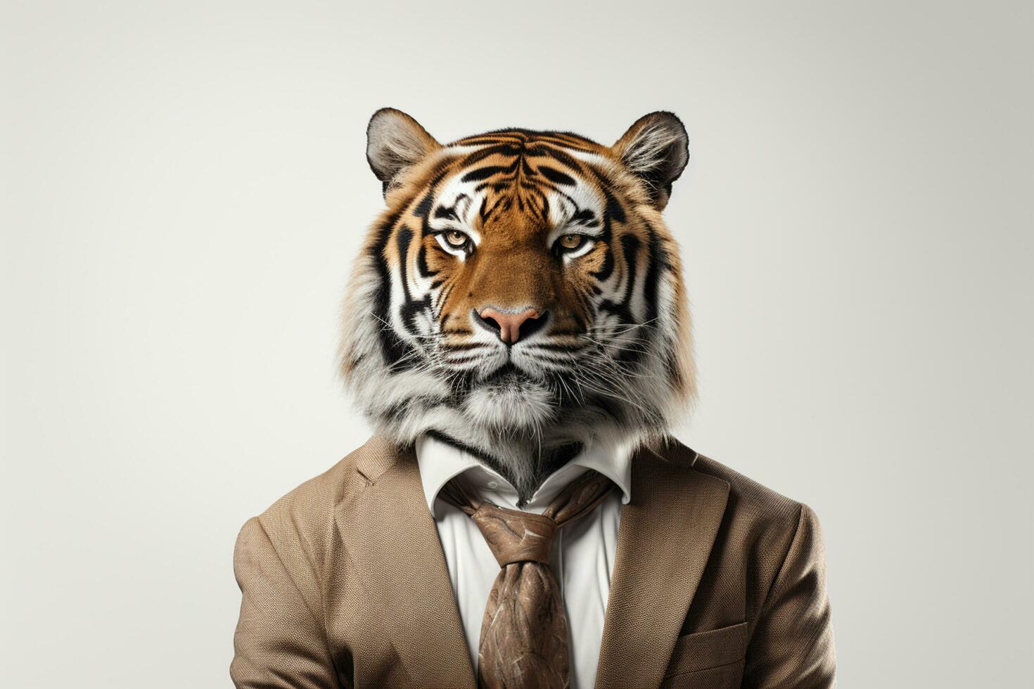 Portrait of a tiger in a businessman suit on a gray background. Ai Generated photo