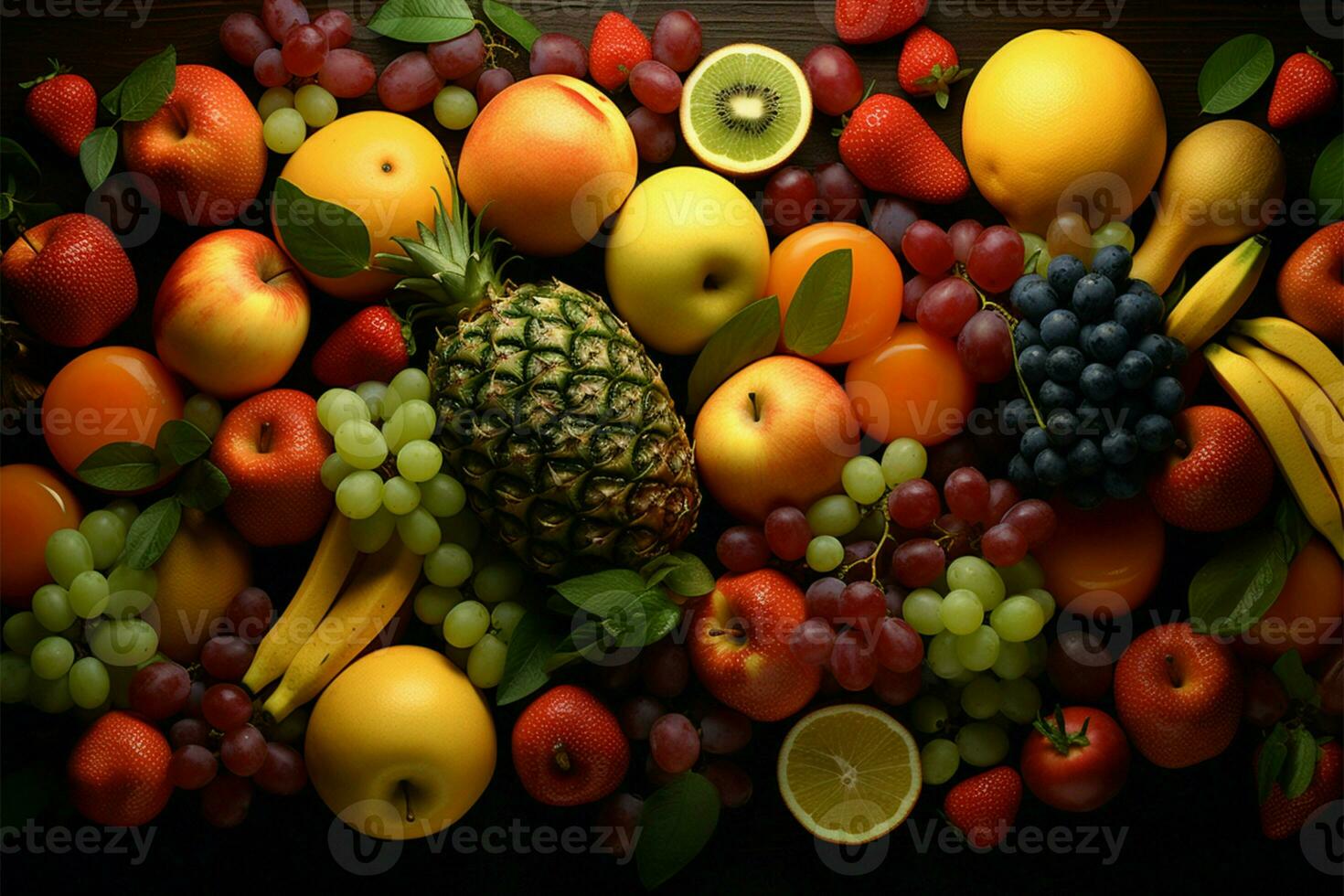 un ingenioso gastos generales perspectiva de frutas meticulosamente knolled en un mesa ai generado foto