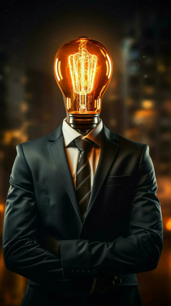Businessmans lamp head illuminates with a brilliant spark of idea Vertical Mobile Wallpaper AI Generated photo