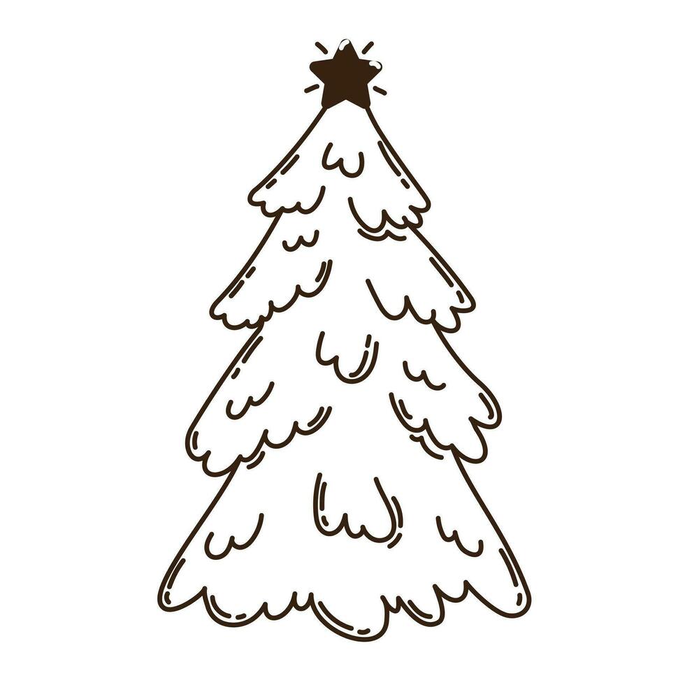 Isolated hand drawn doodle line christmas tree with star. Flat vector illustration on white background. New Year, Merry Christmas. For card, invitation, poster, banner.