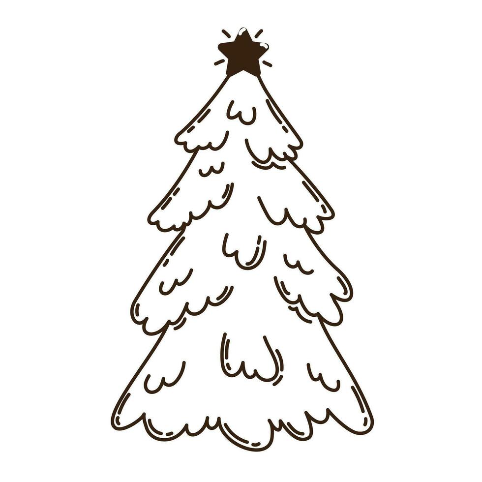 aislado mano dibujado garabatear línea Navidad árbol con estrella. plano vector ilustración en blanco antecedentes. nuevo año, alegre Navidad. para tarjeta, invitación, póster, bandera.