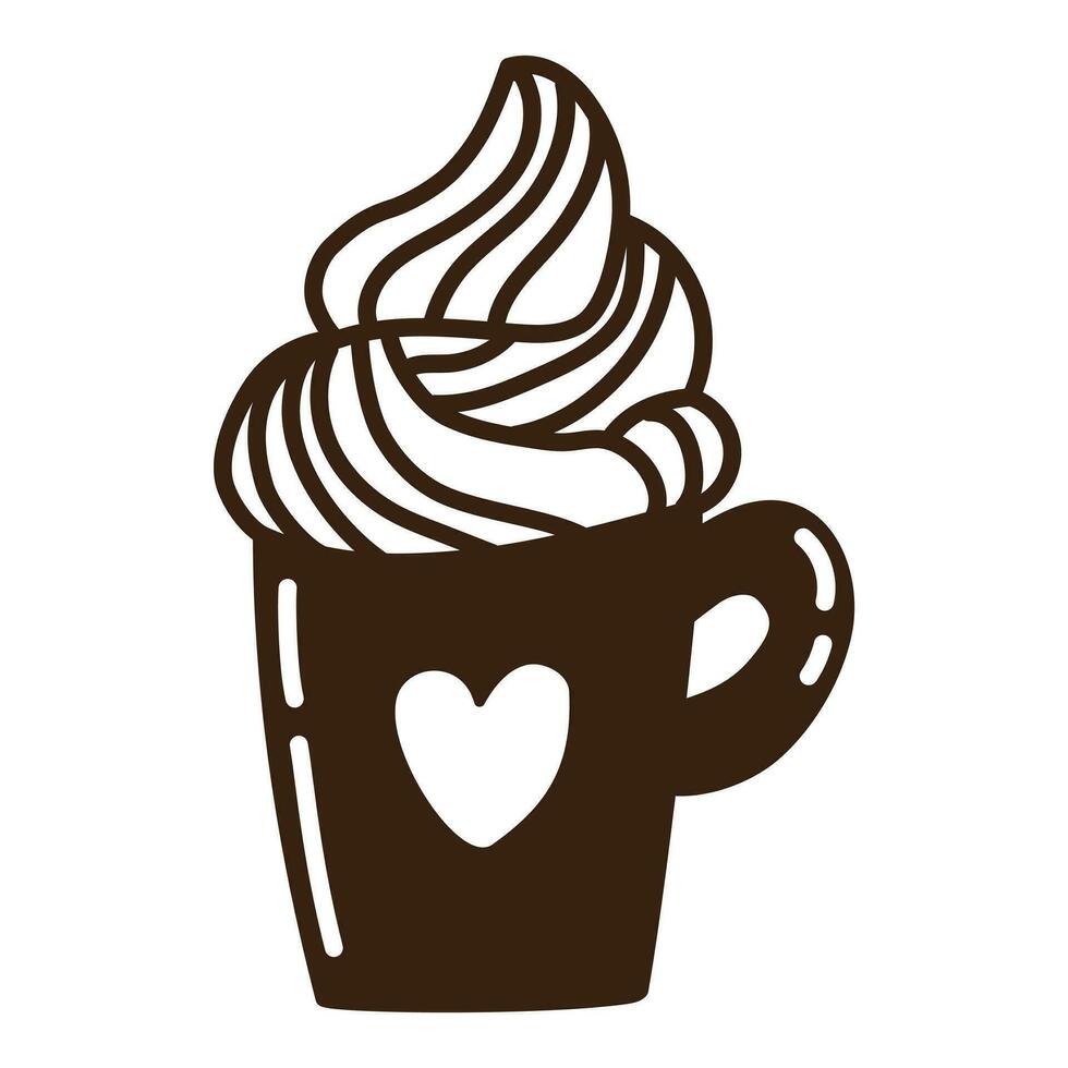 Isolated hand drawn doodle line hot cocoa mug with cream. Flat vector illustration on white background. New Year, Merry Christmas. For card, invitation, poster, banner.