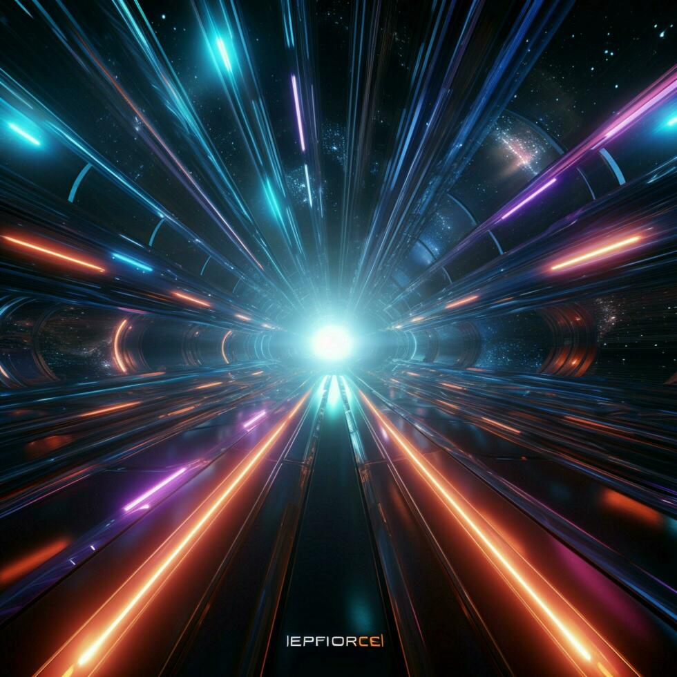 Interstellar hyperjump 3D rendering showcases a neon lit space tunnel For Social Media Post Size AI Generated photo