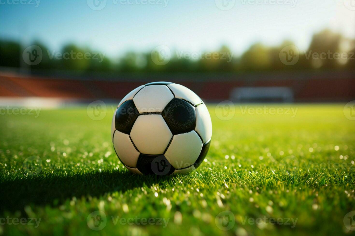 Green arena Soccer ball rests on the grass, stadium looming AI Generated photo