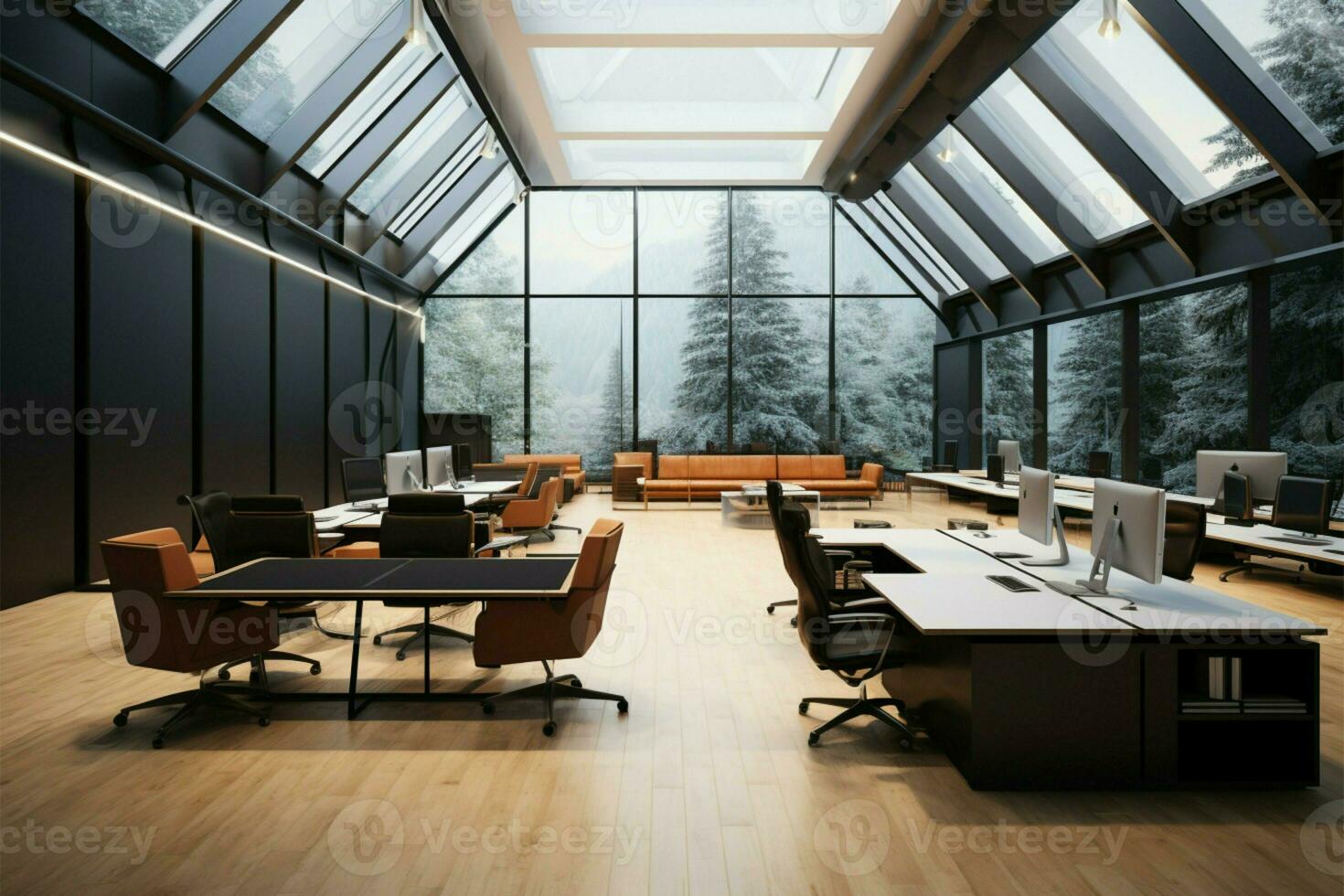 pulcro, contemporáneo diseño define el interior de esta moderno oficina espacio ai generado foto