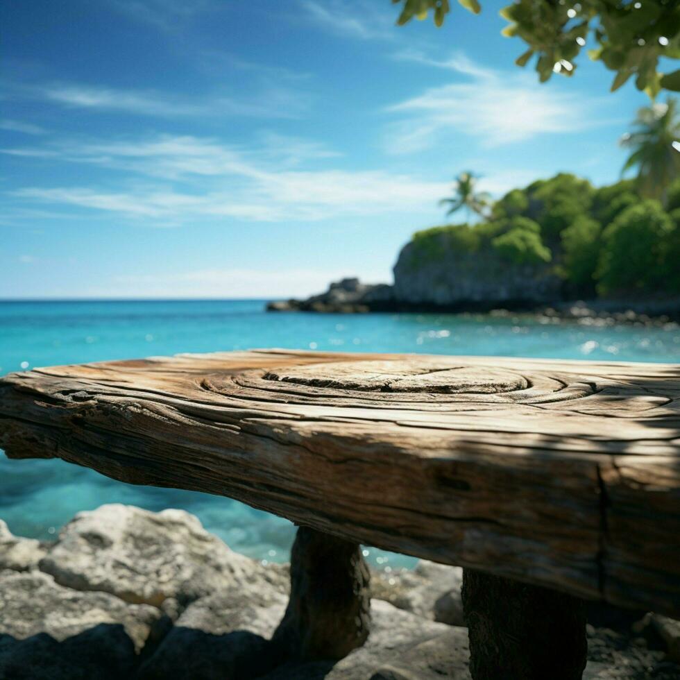 Island getaway Wooden table rests against blurred sea island backdrop under blue sky For Social Media Post Size AI Generated photo