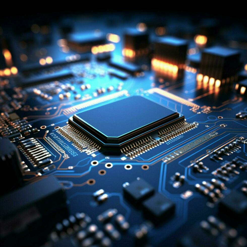 Electrifying backdrop Blue circuit board aglow with futuristic luminosity For Social Media Post Size AI Generated photo