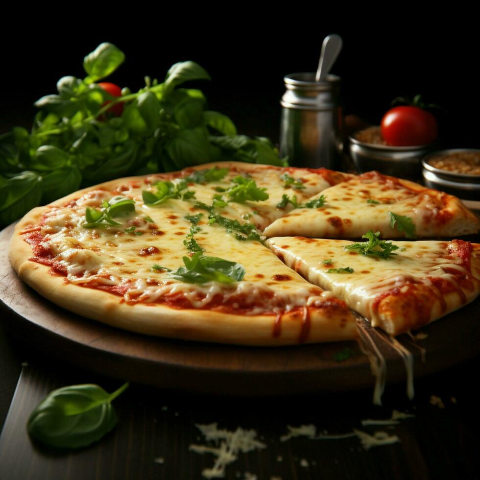 caliente italiano pizza, queso extensión, coronado con cuatro quesos y albahaca para social medios de comunicación enviar Talla ai generado foto