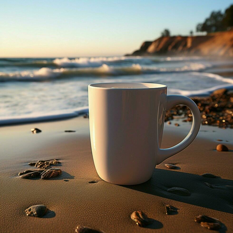 Morning by the waves White coffee cup with black straw on beach during sunrise For Social Media Post Size AI Generated photo