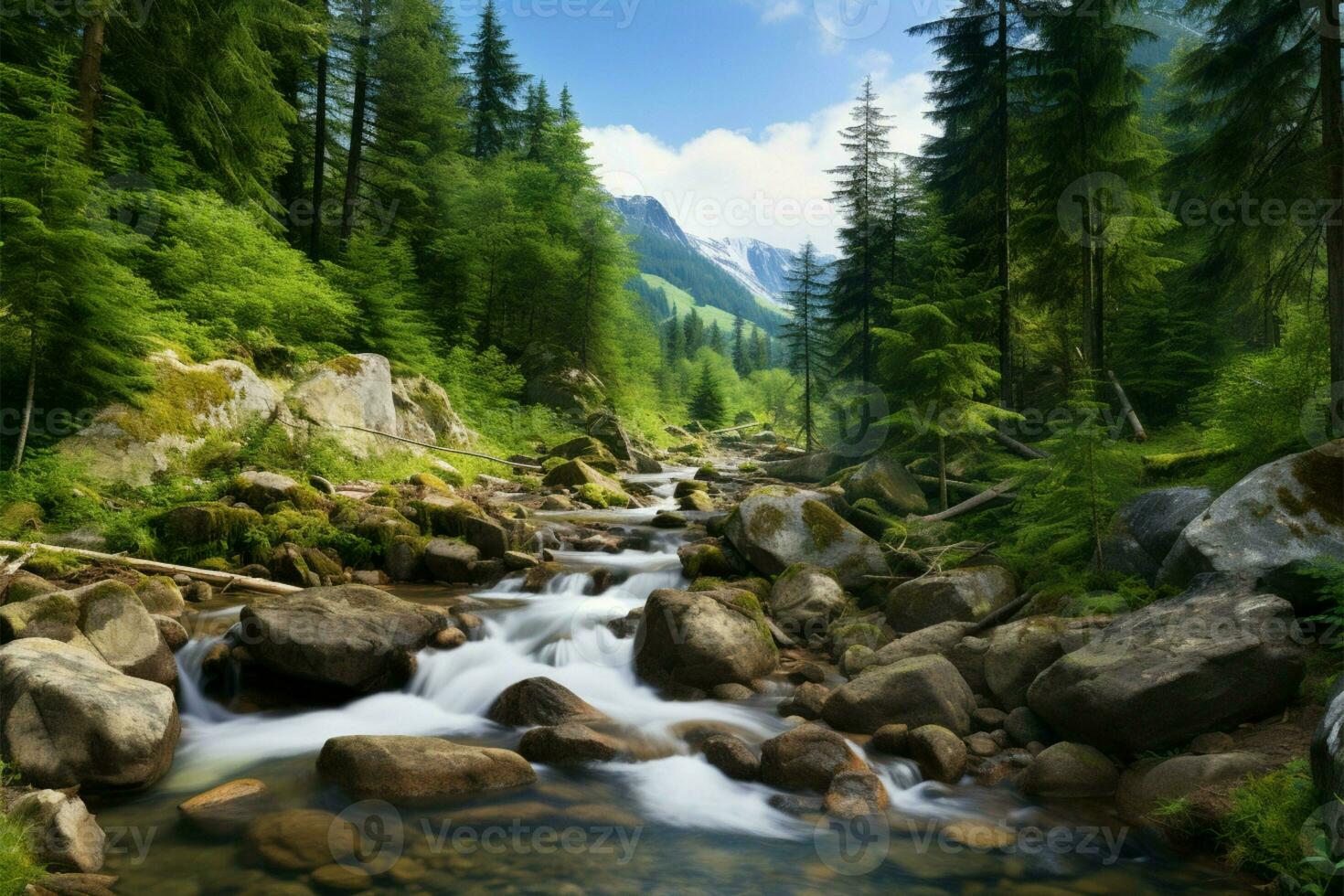 escénico belleza pino árboles, verde follaje, y un minúsculo cascada ai generado foto