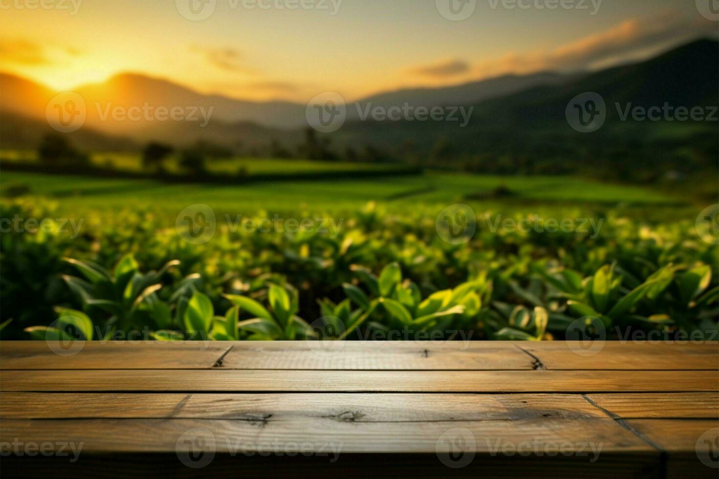 Scenic blur tea plantation sunset behind a wooden floor setting AI Generated photo