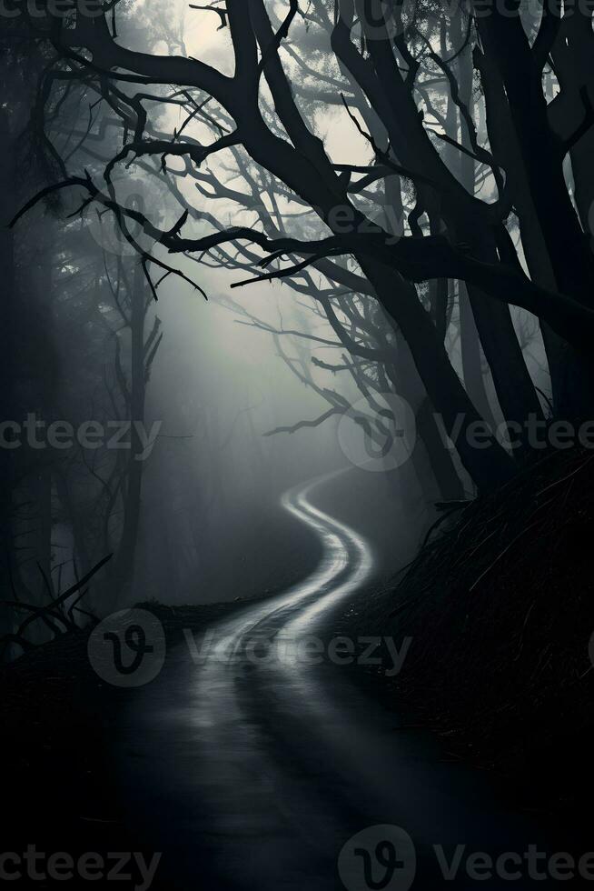 Mysterious dark forest road in the fog. Halloween concept AI Generated photo
