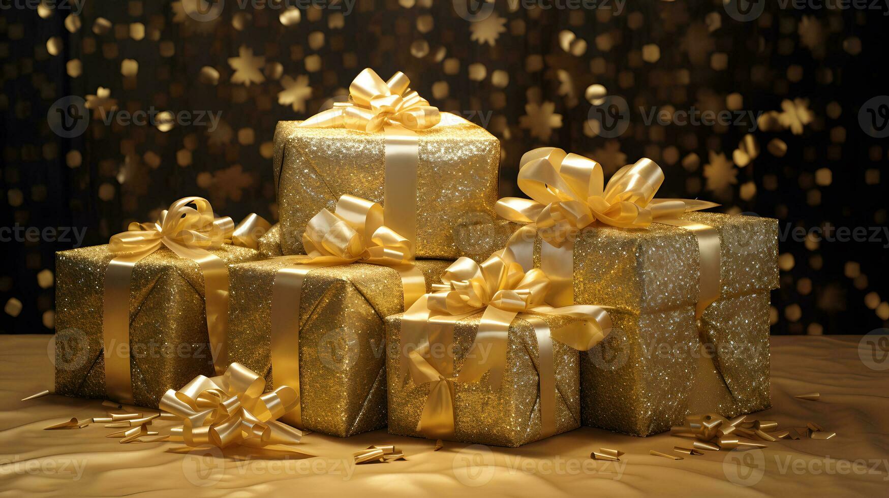 Gift boxes with golden ribbons on a gold background with bokeh AI Generated photo