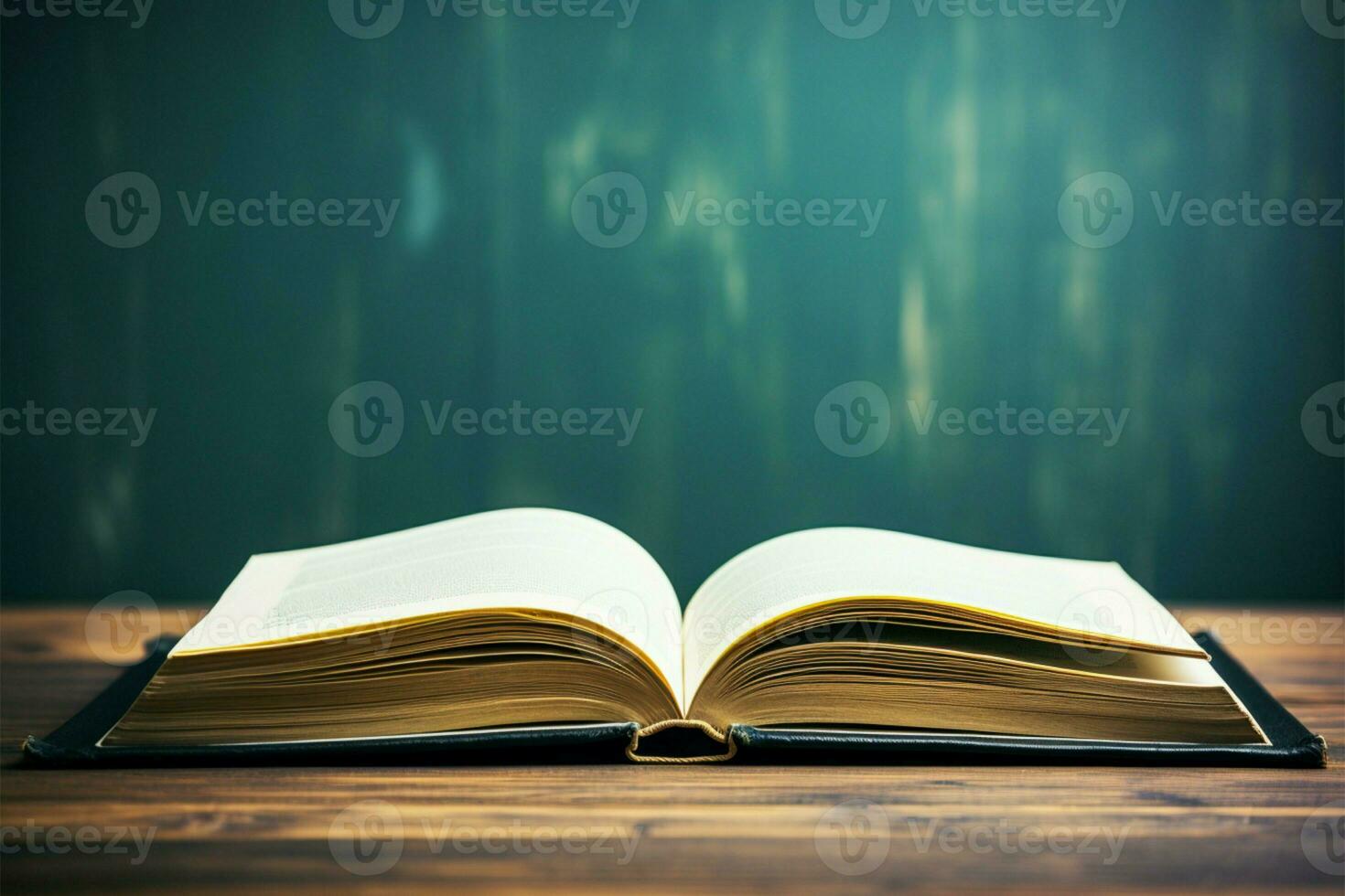 Closeup of an open book against a green chalkboard background AI Generated photo