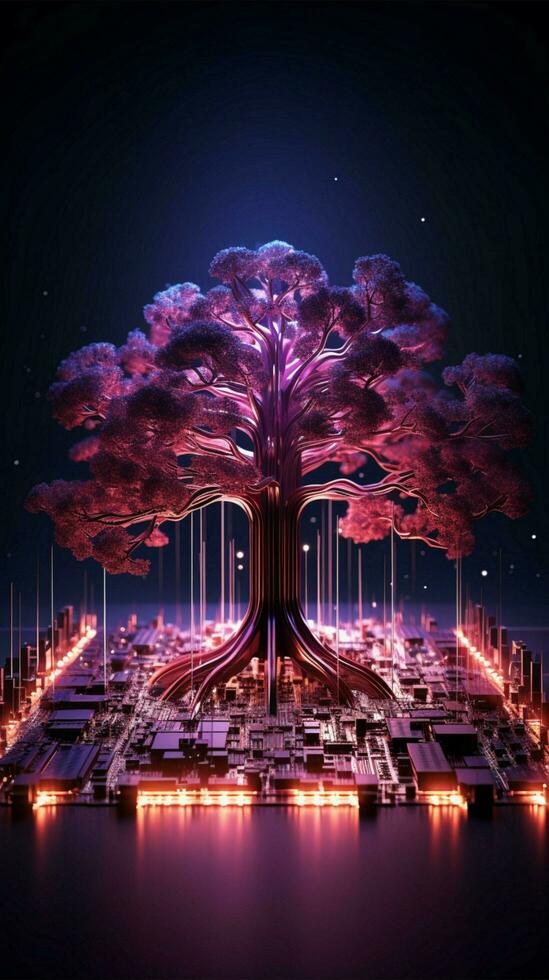 resumen 3d árbol rosado y púrpura circuitos en un oscuro fondo vertical móvil fondo de pantalla ai generado foto