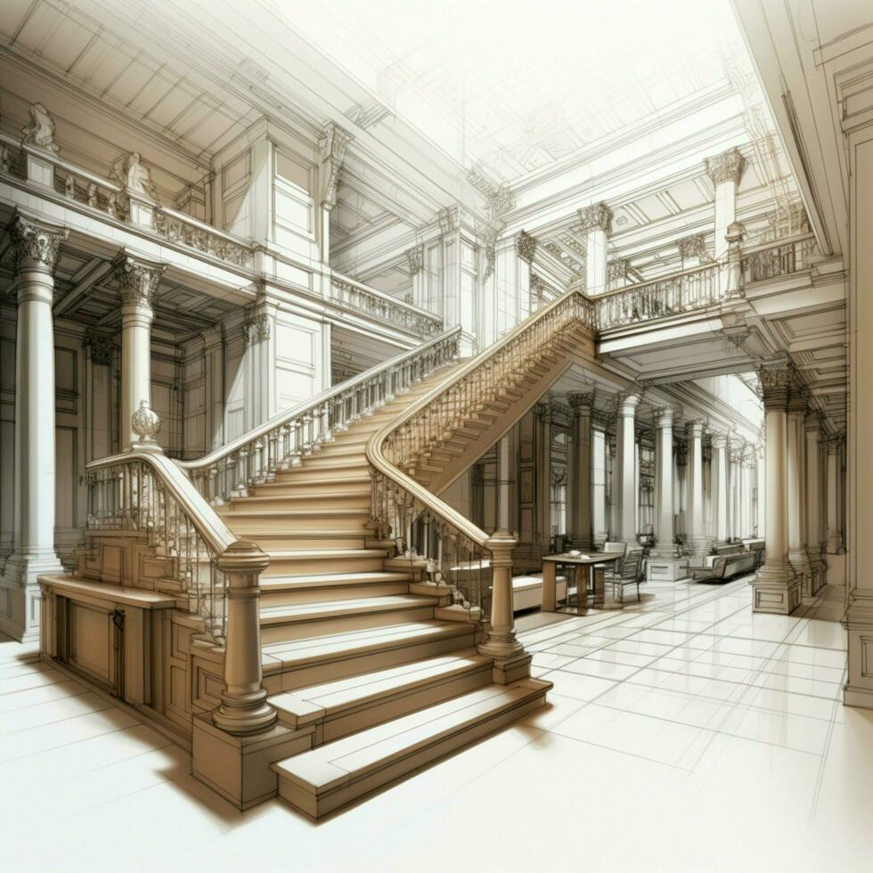 Stair hall sketched 3D wireframe rendering, architectural depth and design showcased For Social Media Post Size AI Generated photo