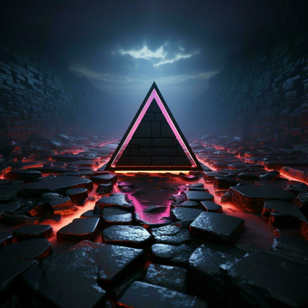 Futuristic 3D render neon triangles amid obsidian stone cobblescape For Social Media Post Size AI Generated photo