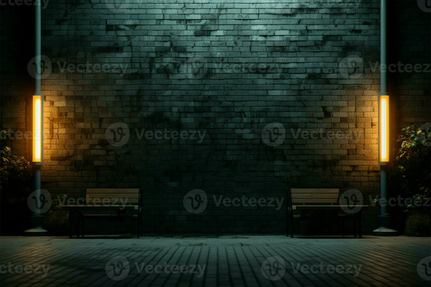 Urban tranquility Nighttime 3D scene with brick wall and floor AI Generated photo