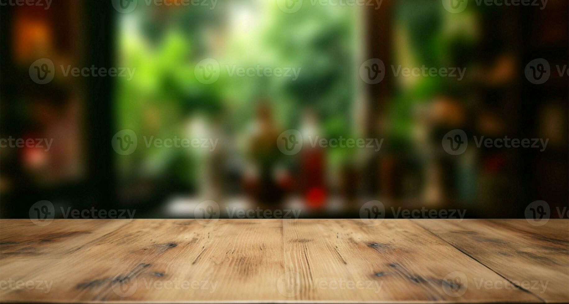 Empty table before a coffee shop backdrop perfect for product display AI Generated photo