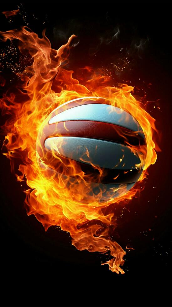 Volleyballs intensity, A fiery ball on a black backdrop, radiating passion Vertical Mobile Wallpaper AI Generated photo
