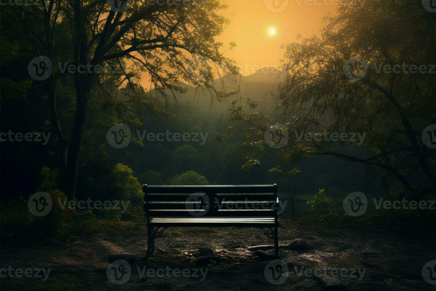 Solitude and grief a couples solitary bench amidst mystical wilderness AI Generated photo