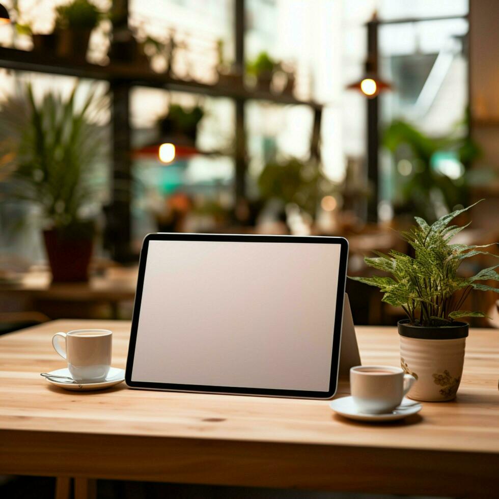 Empty space on a tabletop, tablet mockup, with blurred office For Social Media Post Size AI Generated photo