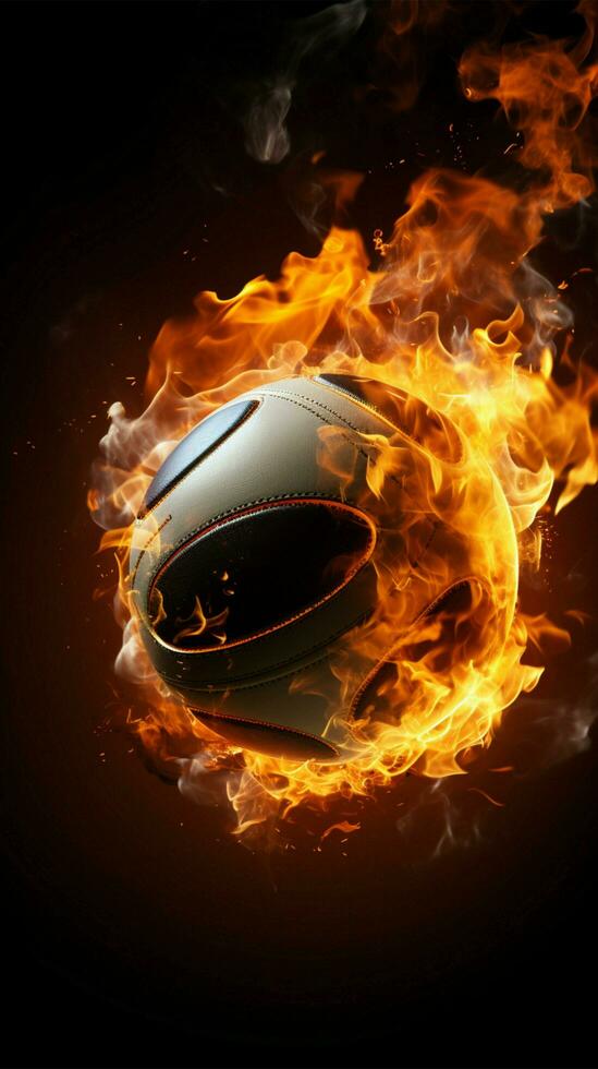 Fiery volleyball takes center stage against a dramatic black backdrop Vertical Mobile Wallpaper AI Generated photo