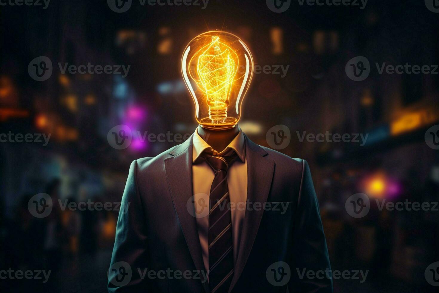 A lightbulb in a suit with fiery background radiates entrepreneurial brilliance AI Generated photo