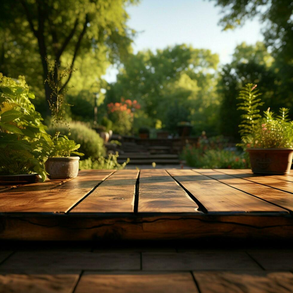 Outdoor exhibit platform Unoccupied wooden table in park, perfect for nature themed presentations For Social Media Post Size AI Generated photo