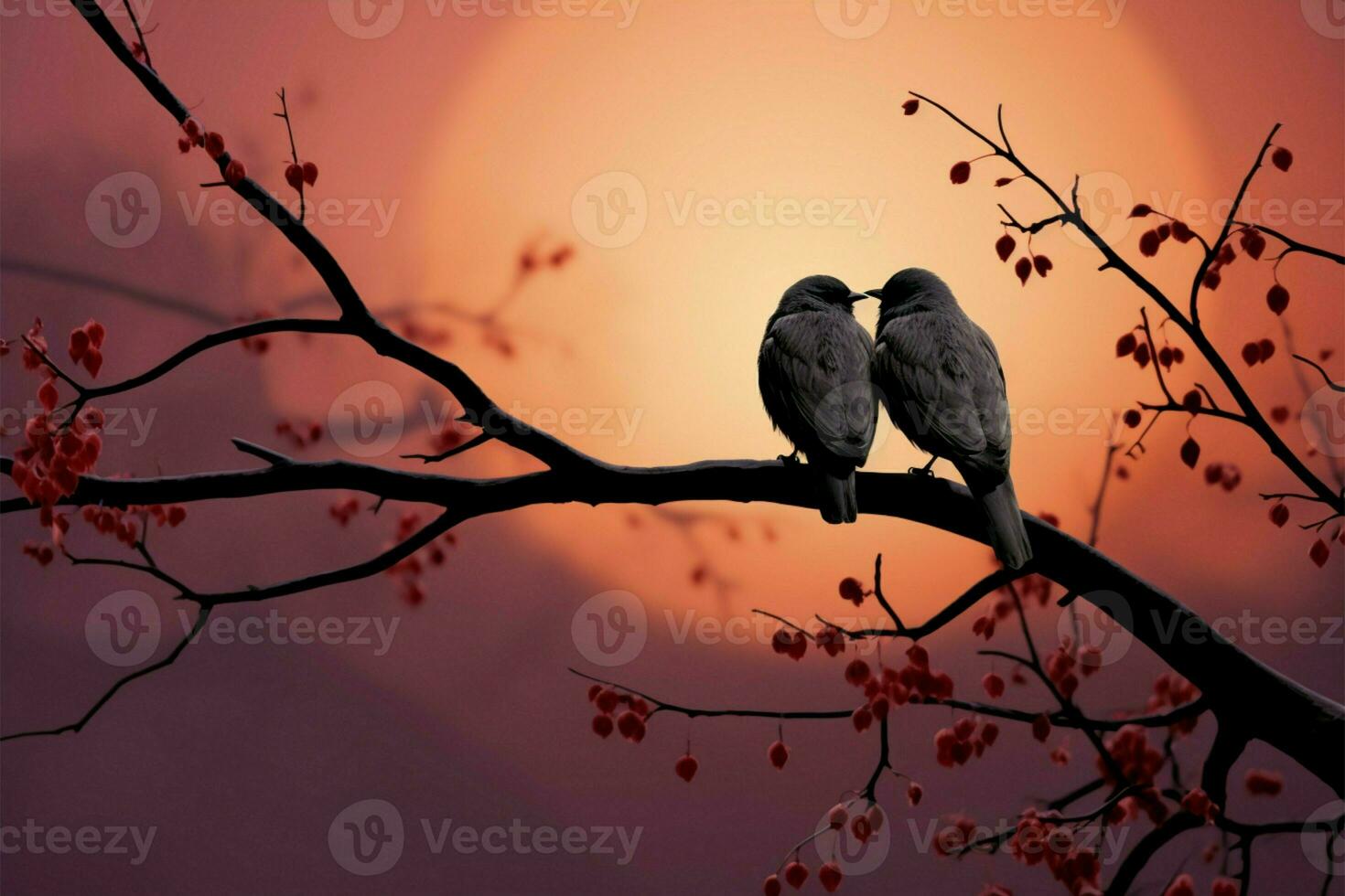 Lovebirds find solace on a tree branch, silhouetted in unity AI Generated photo