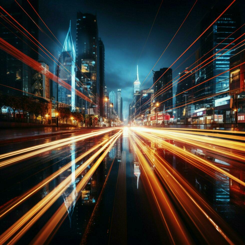 Vibrant urban blur Abstract long exposure crafts dynamic light trails in city environment For Social Media Post Size AI Generated photo