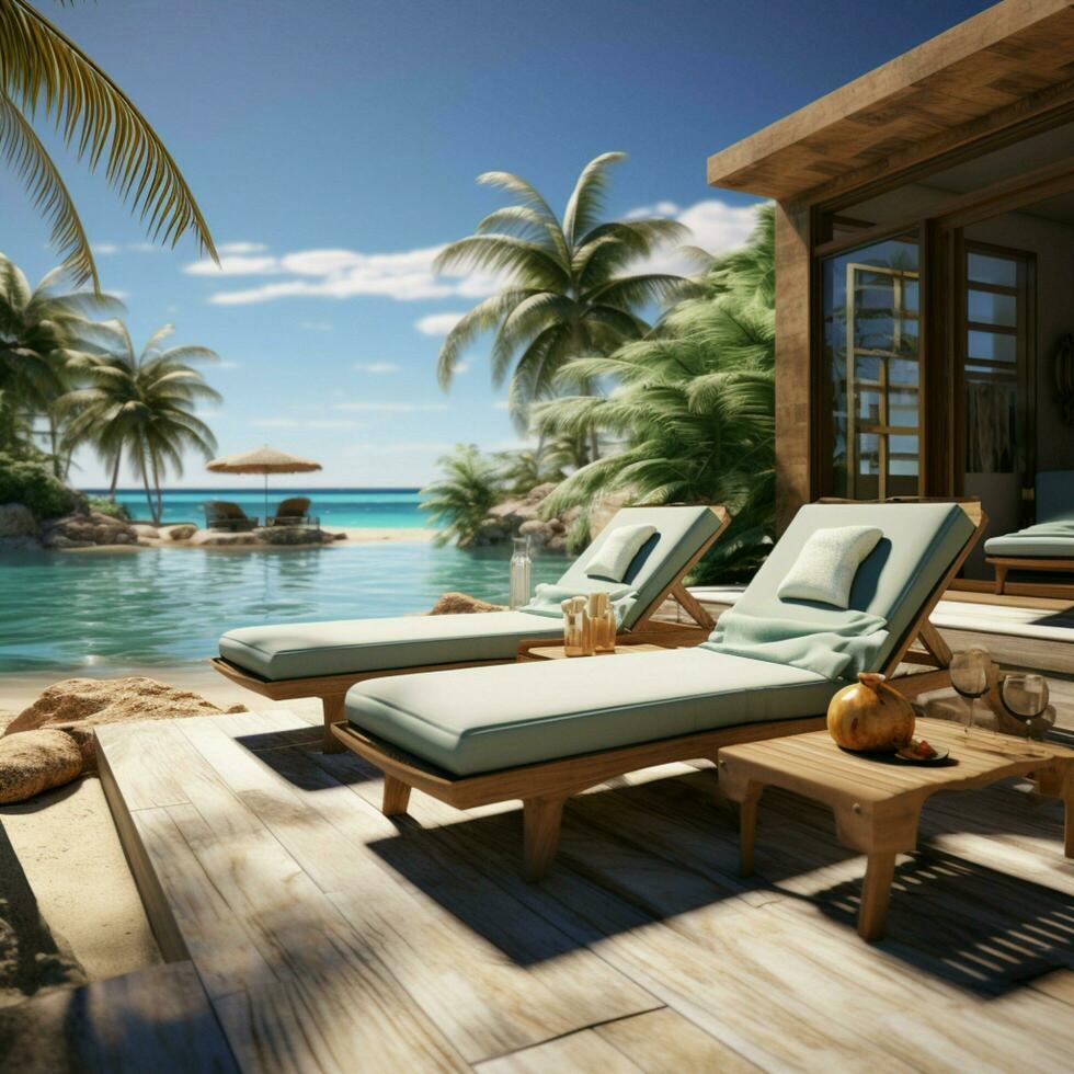 Summer retreat sale 3D template displays beach elements and inviting pool scene For Social Media Post Size AI Generated photo