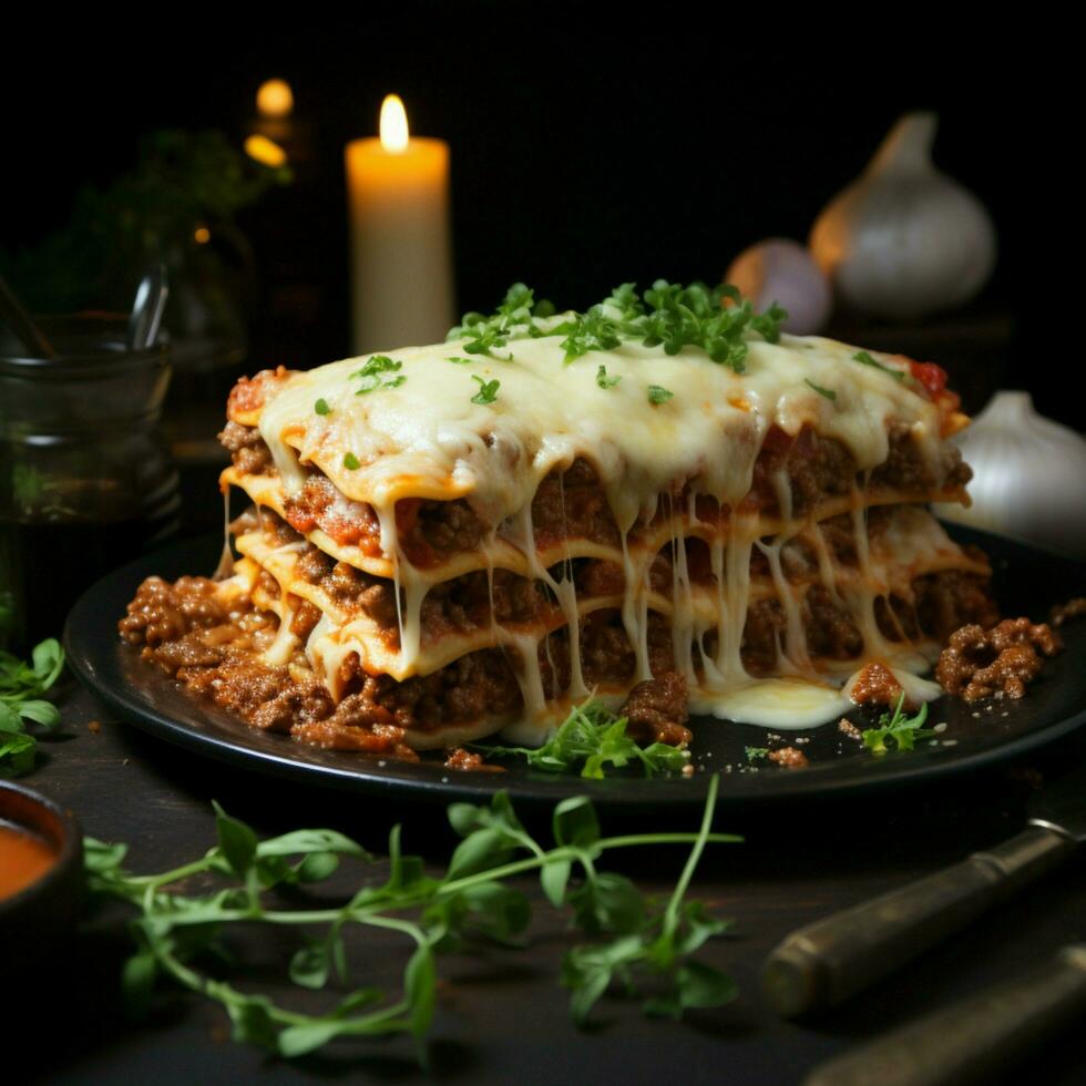 desde cocina a lente documentando el viaje de irresistible carne de vaca lasaña para social medios de comunicación enviar Talla ai generado foto