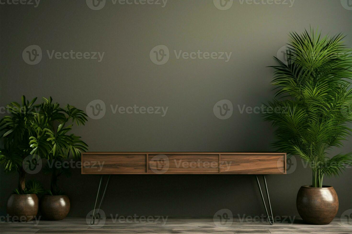 A sideboard, plants, and an empty brown wall in 3D AI Generated photo