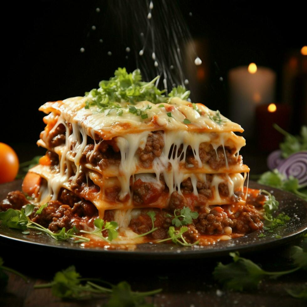 Exploring culinary artistry with a focus on delectable beef lasagna For Social Media Post Size AI Generated photo
