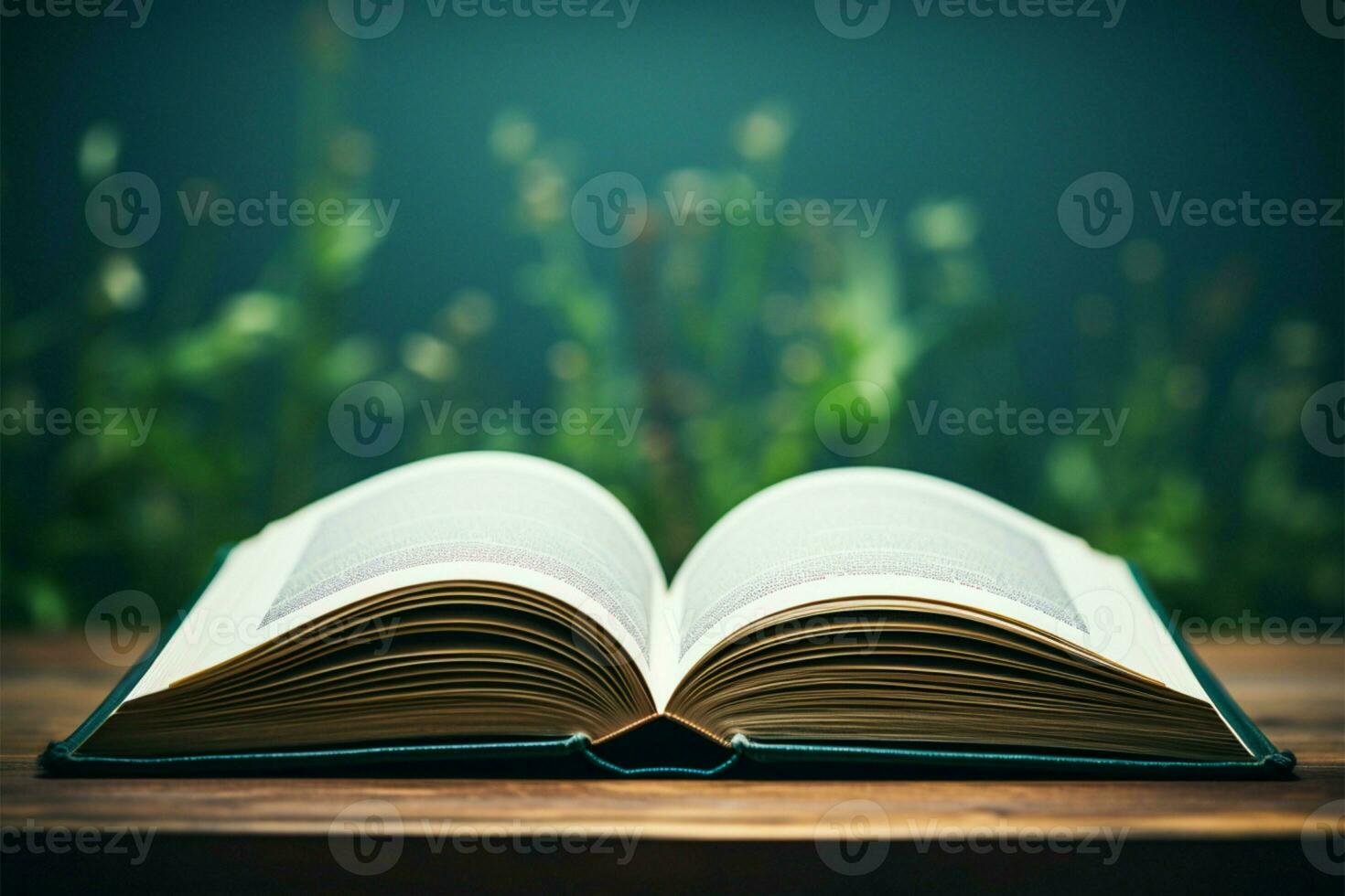 Detailed view of an open book on a green board backdrop AI Generated photo