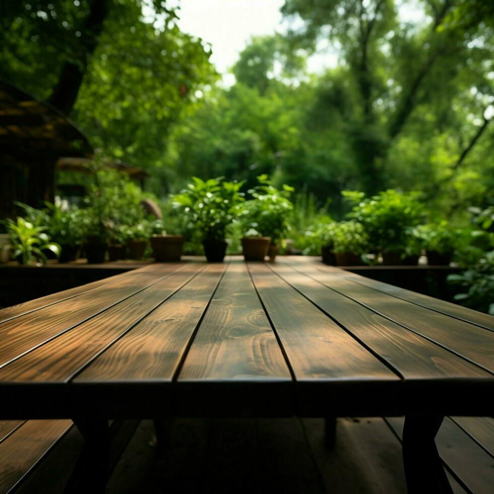 Green backdrop market Vacant wooden table in park invites nature themed product displays For Social Media Post Size AI Generated photo