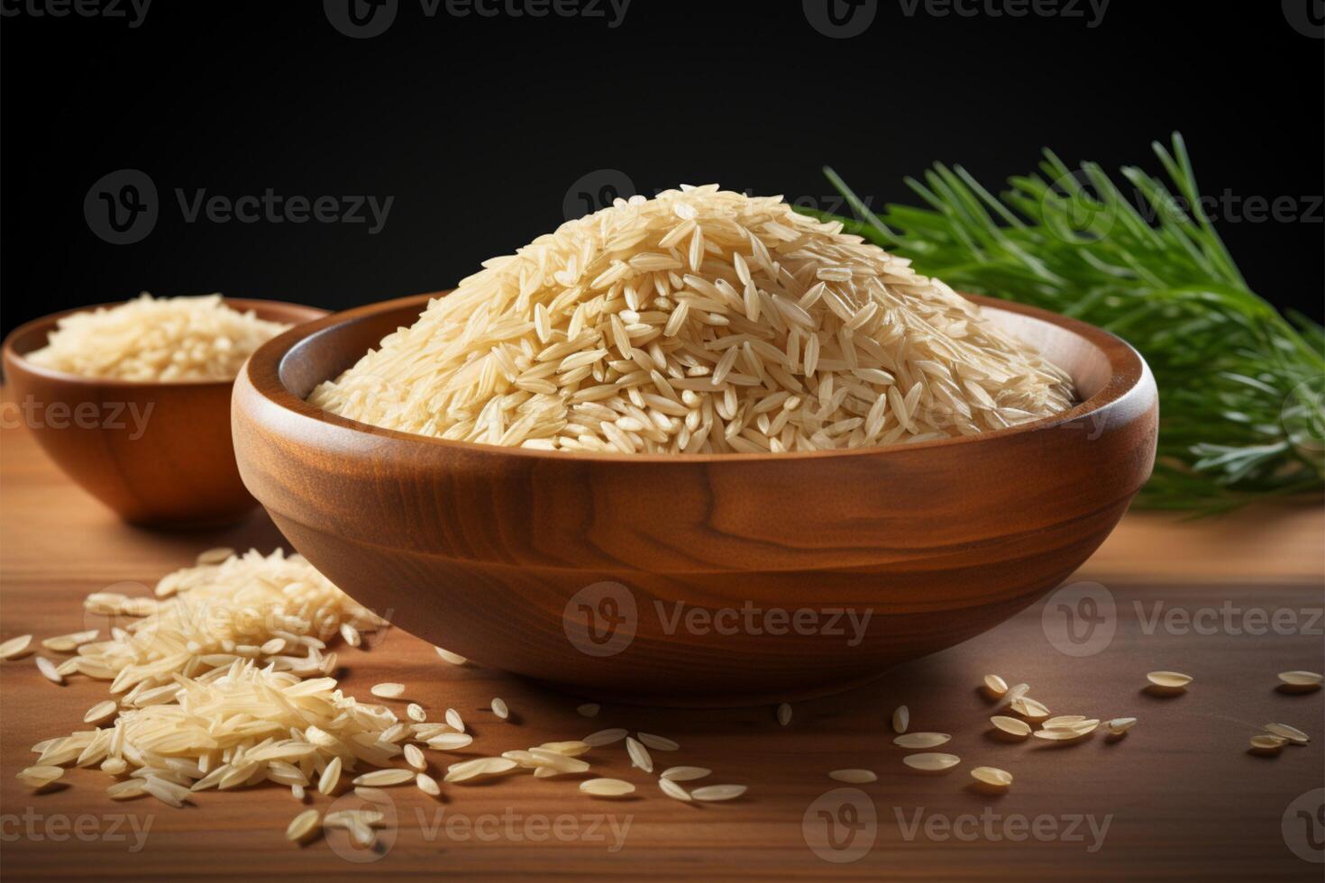 Uncooked brown rice presented in a rustic wooden serving vessel AI