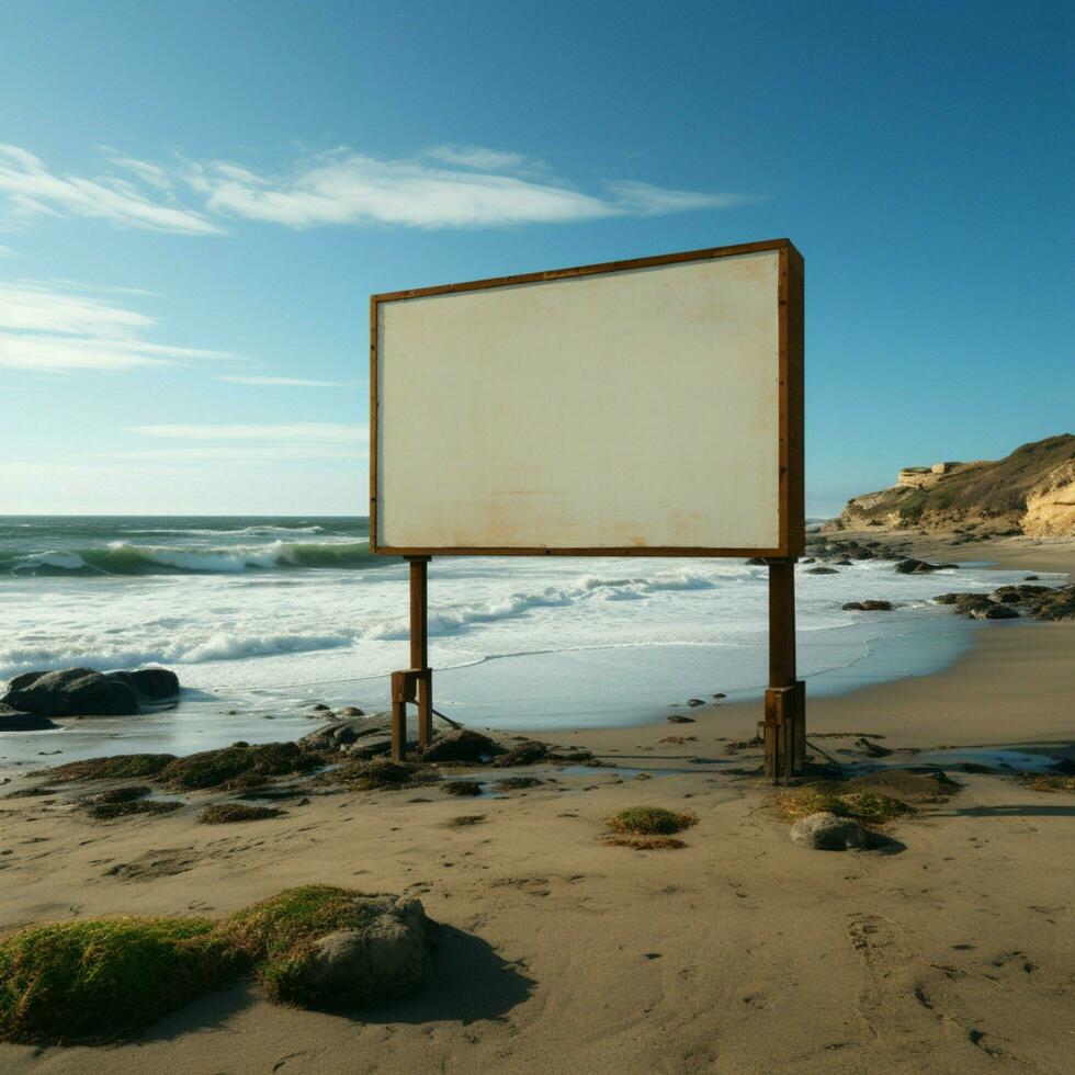 Coastal canvas Unoccupied billboard set against ocean panorama on sandy beach For Social Media Post Size AI Generated photo