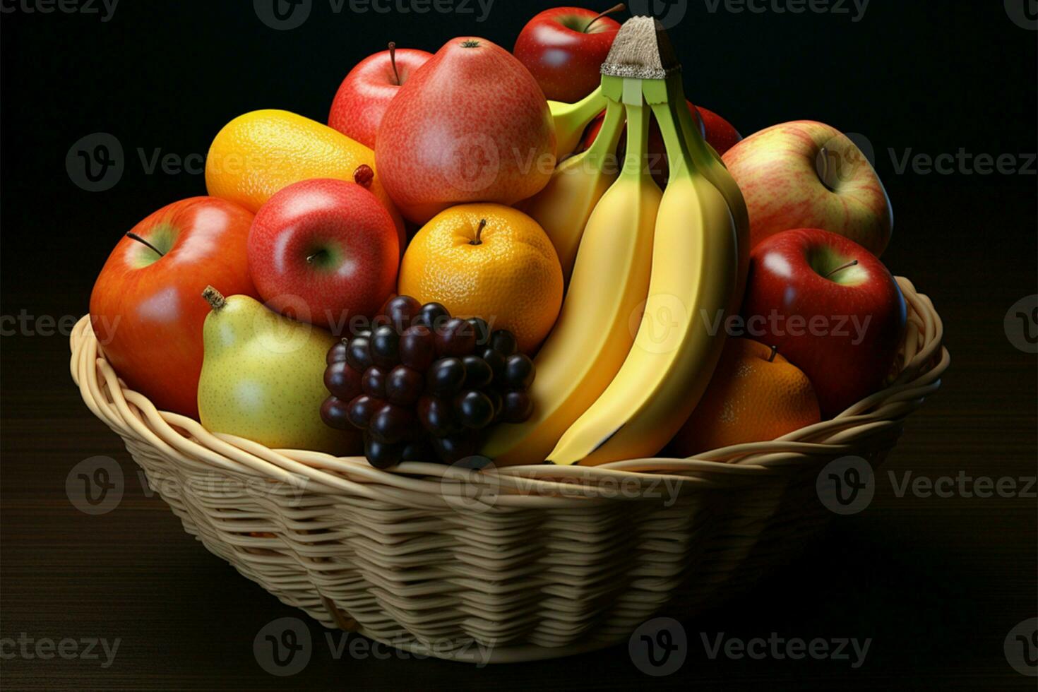 un cuerno de la abundancia de sabores, como banana, durazno, manzana, y naranja reunirse en un Fruta cesta ai generado foto