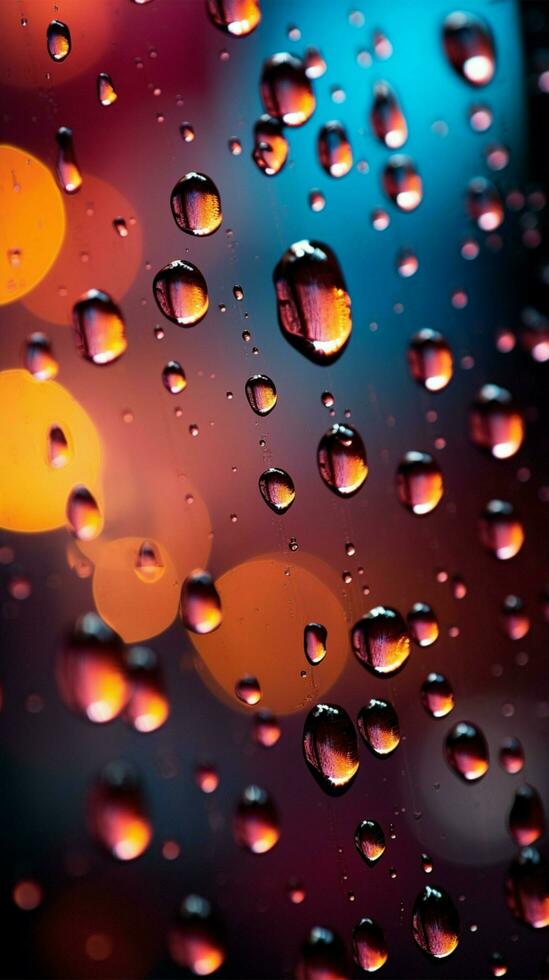 vistoso gotas de lluvia en un ventana, noches borroso luz, resumen fondo vertical móvil fondo de pantalla ai generado foto